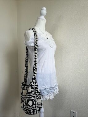 Urban Outfitters Crochet Granny Square Shoulder Bag Boho Black Cream
